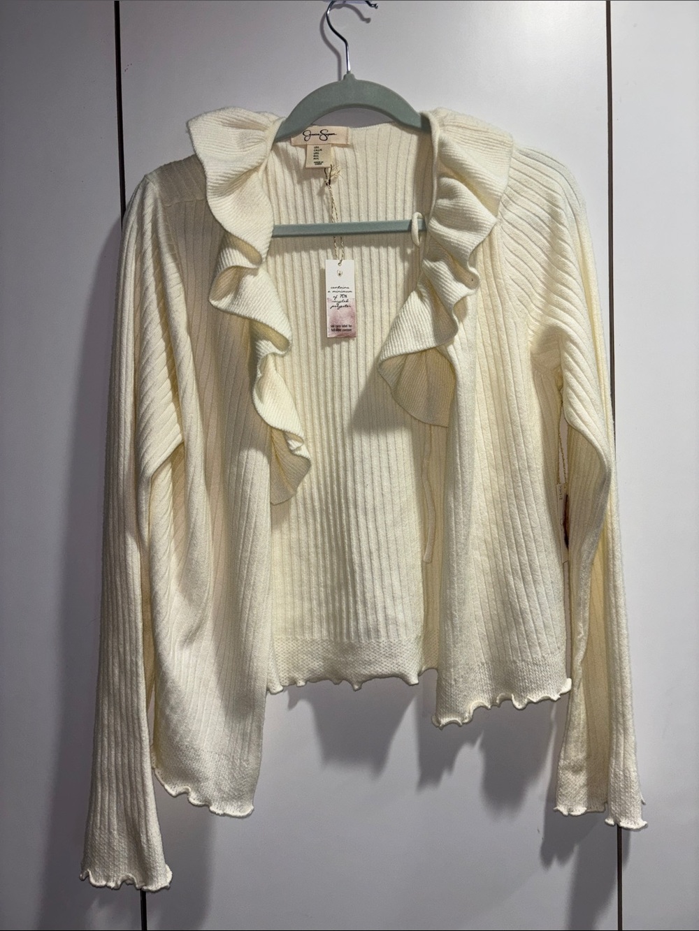 Jessica Simpson Cream Ribbed Ruffle-Trim‎ Cardigan large NWT